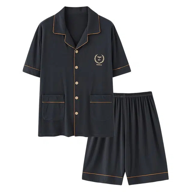 俏韵 翻领舒适短袖开衫简约风薄款家居服可外穿睡衣套装 男款