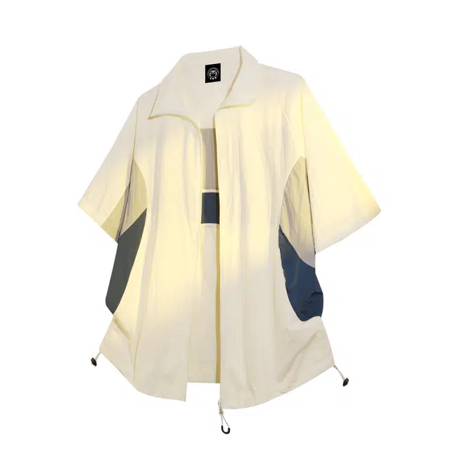 吾皇猫 美式潮流小米皱拼接撞色斜插式口袋设计宽松百搭翻领插肩袖拉链休闲户外短袖衬衫 男女同款