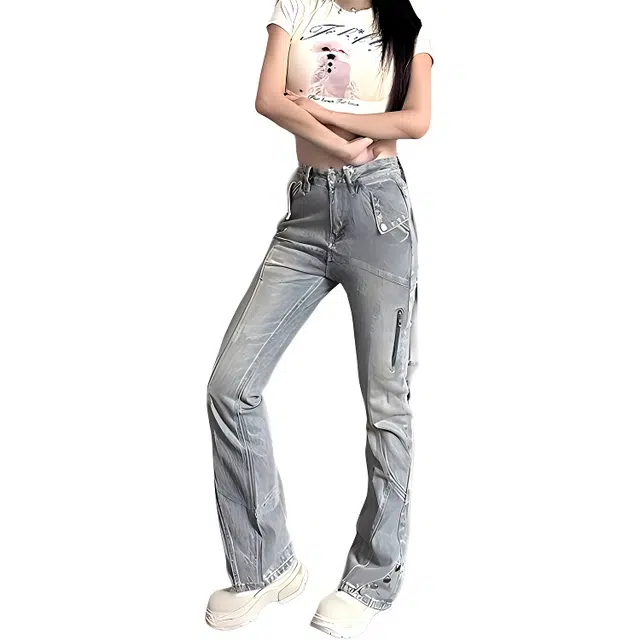 人本 美式复古高街设计高腰直筒宽松显瘦拖地牛仔裤 女款
