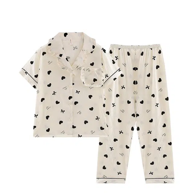 俏韵 翻领短袖长裤开衫甜美花边家居服可外穿睡衣套装 女款