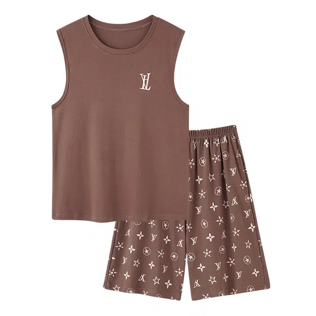 莫代尔 轻盈透气舒适百搭圆领套头休闲慵懒个性大方时尚气质背心短裤两件套家居服可外穿睡衣套装 男款