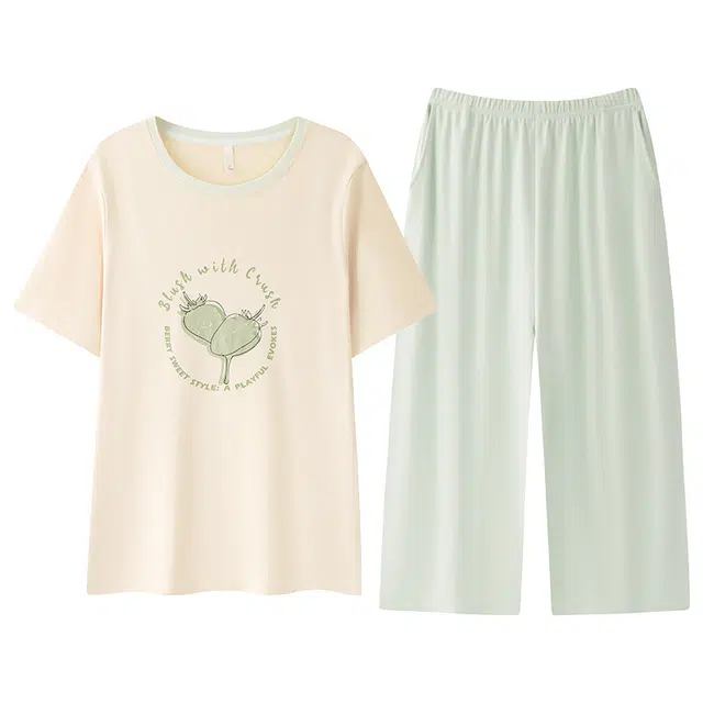 浮光岛屿 简约纯棉柔软时尚可爱高级感短袖七分裤家居服舒适亲肤透气可外穿休闲睡衣套装 女款