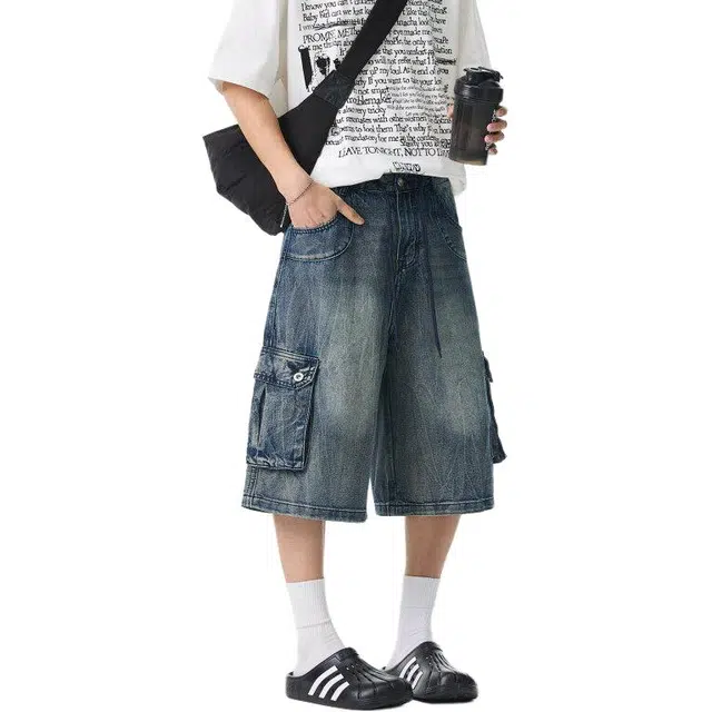 颂希尔 多口袋水洗做旧美式复古痞帅宽松直筒七分裤子牛仔短裤 男女同款