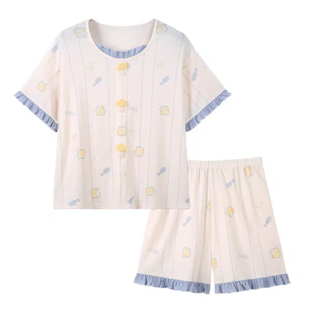 俏韵 圆领舒适甜美可爱短袖三分裤薄款家居服可外穿睡衣套装 女款