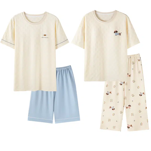 向薇 温暖家居服系列 七分裤薄款短袖休闲简约睡衣套装 男女同款