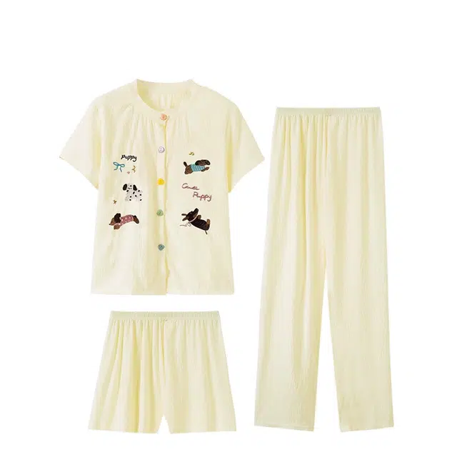 俏韵 圆领浅黄腊肠狗卡通可爱可外穿带胸垫短袖家居服可外穿睡衣套装 女款