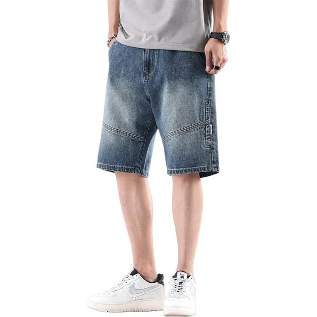 法文箱子 休闲复古拼接宽松潮流痞帅五分裤薄款中裤子牛仔短裤 男款