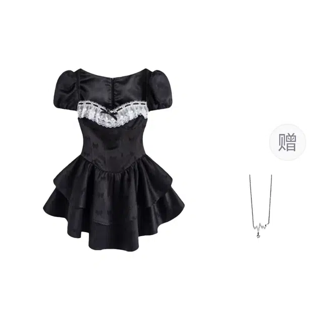 识恩 法式复古蝴蝶结蓬蓬裙千金感方领收腰显瘦纯欲风优雅显高甜美大码小香风泡泡袖裙短袖连衣裙 女款