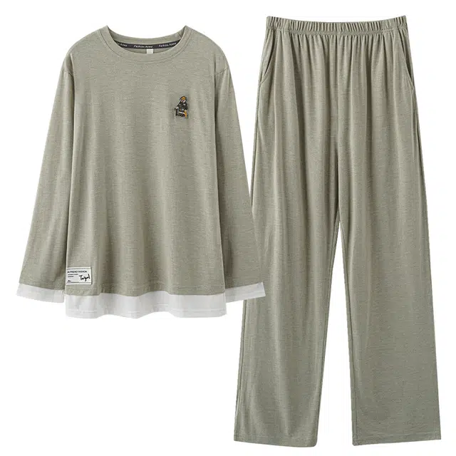 顶瓜瓜 带胸垫圆领长袖长裤卡通小人清新纯色家居服秋季睡衣套装 女款