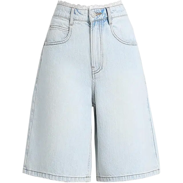 拾籍 蕾丝花边腰头五分裤高腰宽松牛仔短裤 女款