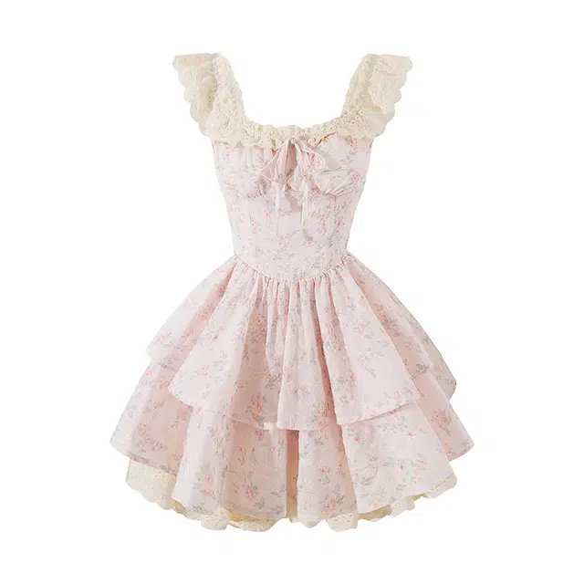 敲模女孩 甜美风小飞袖温柔风收腰设计感碎花蓬蓬公主裙吊带连衣裙 女款