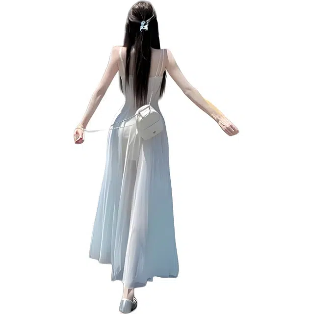 黛尔佳人 白水人鱼公主薄荷绿网纱氛围感显瘦裙子吊带连衣裙 女款