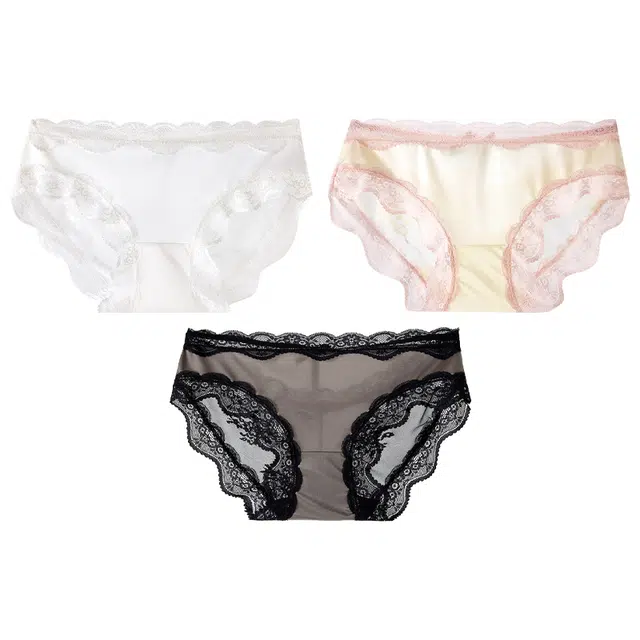 二三二三 性感蕾丝不卡档亲肤柔软吸湿中腰高弹无痕舒适三角裤轻薄透气防夹臀撞色法式慵懒优雅纯欲蝴蝶结少女内裤 女款 组合装