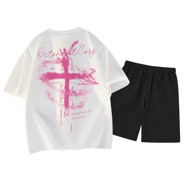 海底小纵队 美式高街个性虚幻创意烟雾环绕十字架字母印花重磅宽松潮流套头速干短袖透气中腰纯色户外短裤休闲运动套装 男女同款