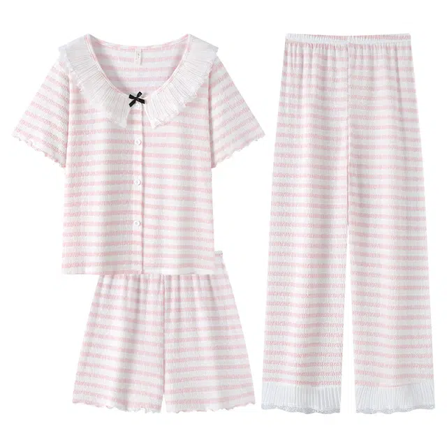 顶瓜瓜 短袖圆领开衫花边蝴蝶结可爱甜美条纹家居服睡衣套装 女款