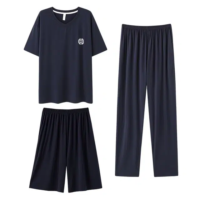 俏韵 圆领短袖短裤长裤三件套大码宽松家居服可外穿睡衣套装 男款