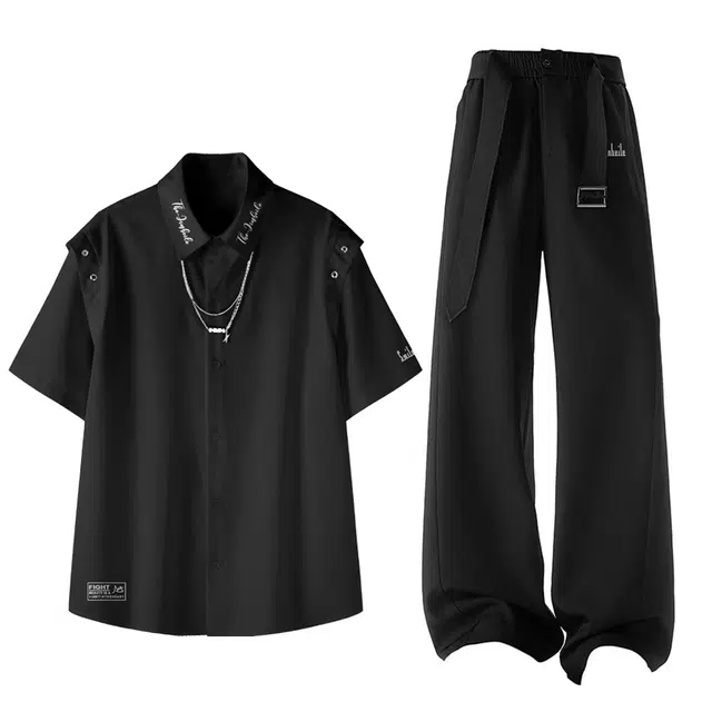 金贝勒 美式简约配挂链品牌宽松百搭薄款凉感短袖搭配腰带设计垂坠感松紧腰休闲西裤衬衫套装 男女同款