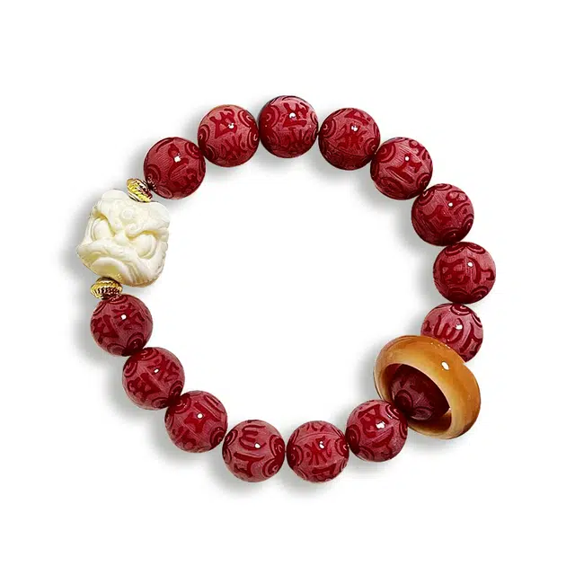 九隆古 六字箴言狮来运转 国潮新中式红色本命年有钱花转运珠招财纳福小众轻奢高级绕指柔盘玩#好运 菩提根 手串 男女同款情侣款