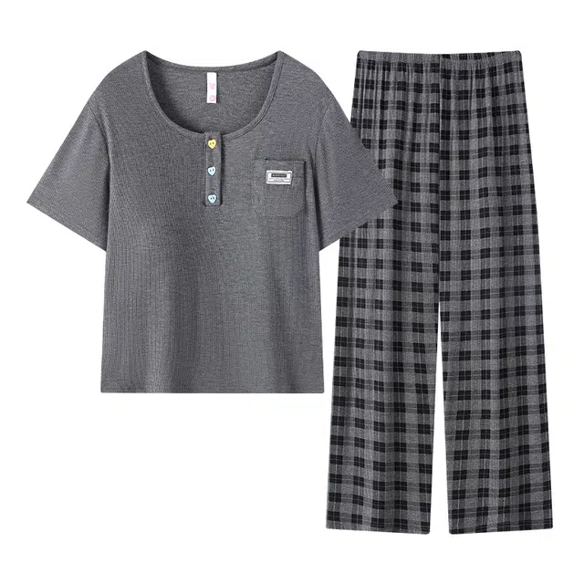 宫蝶 短袖柔软休闲家居服带胸垫可外穿宽松简约格子睡衣套装 女款