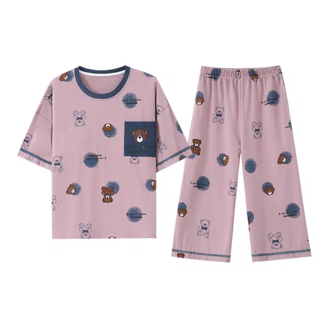 睦隆世家 圆领短袖舒适透气可外穿家居服睡衣套装 女款