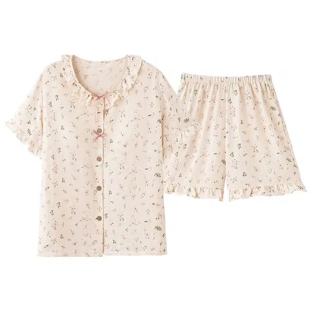 细舍 开衫短袖甜美简约休闲家居服三分裤夏季睡衣套装 女款