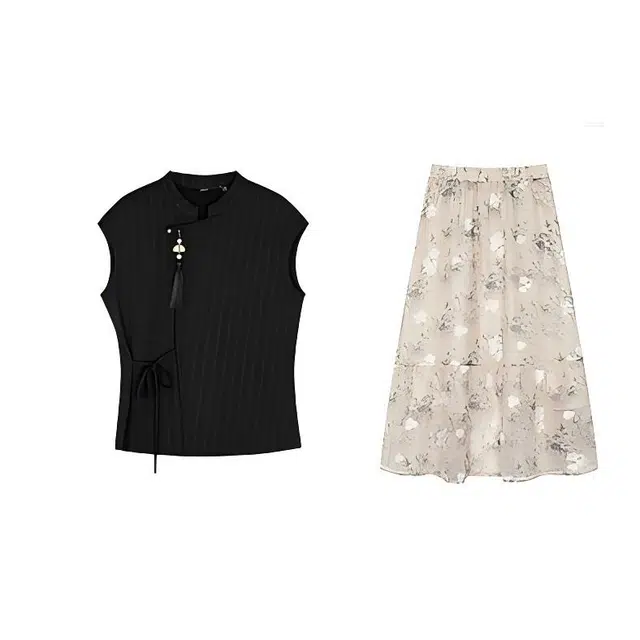 潞优野 新中式国风竹叶绣花伞裙立领绑带肌理上衣两件套裙装套装 女款