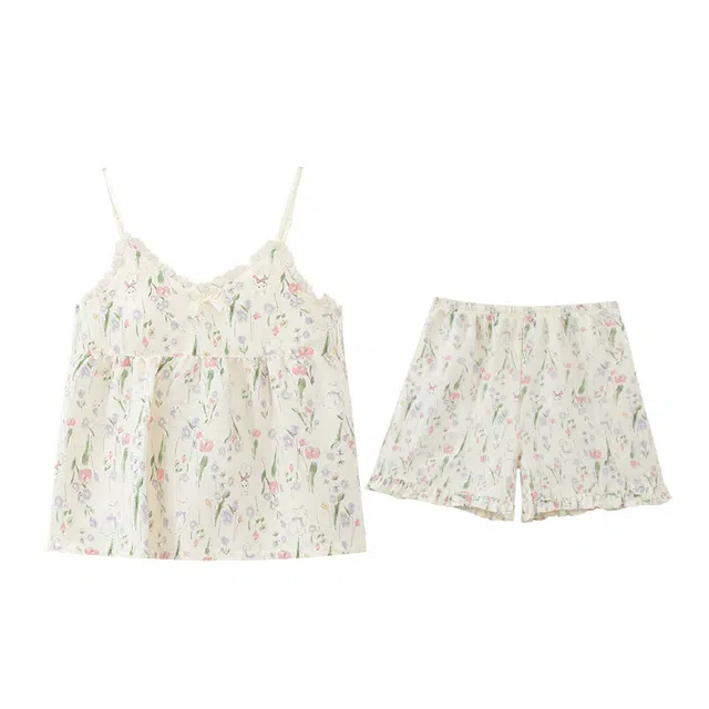 睦隆世家 带胸垫无袖短裤薄款甜美可调节吊带背心家居服可外穿睡衣套装 女款