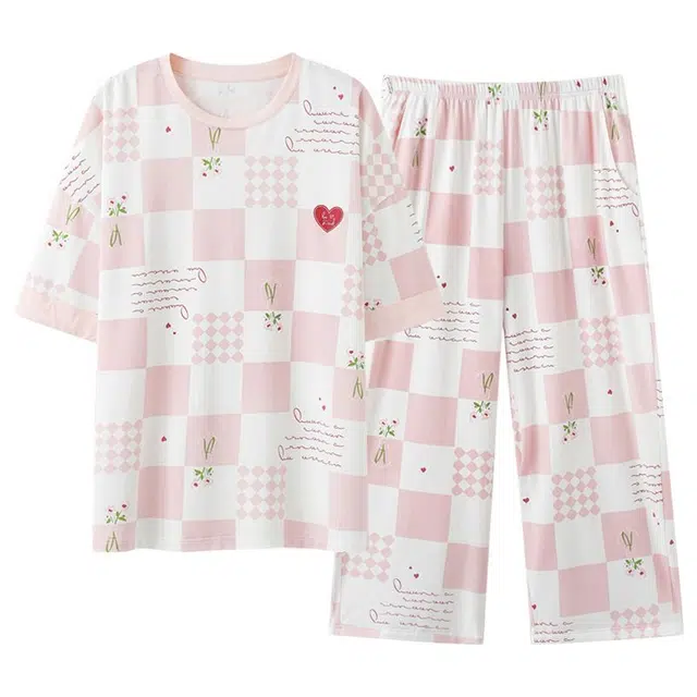 细舍 短袖七分裤甜美时尚舒适家居服睡衣套装 女款