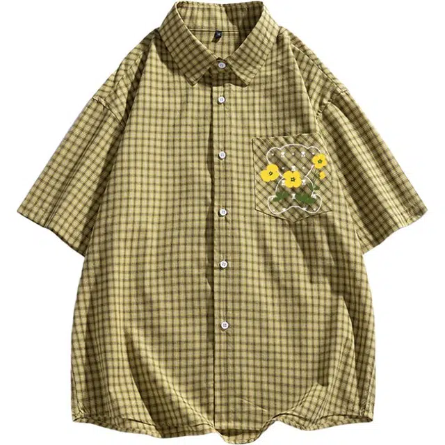 泰迪珍藏 潮流百搭时尚休闲宽松泰迪小熊花卉印花复古水洗做旧工艺纯棉透气棉布耐磨翻领短袖衬衫 男女同款
