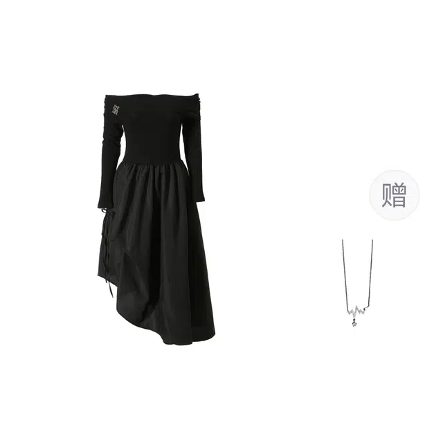 识恩 法式赫本风文艺不规则轻奢时尚休闲舒适百搭高级感设计感一字肩纯色小礼服长裙长袖连衣裙 女款