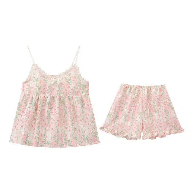 睦隆世家 带胸垫无袖短裤薄款甜美可调节吊带背心家居服睡衣套装 女款