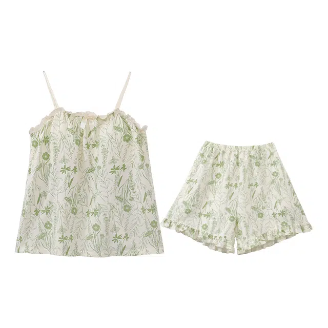 睦隆世家 带胸垫无袖短裤薄款甜美可调节吊带背心家居服夏季睡衣套装 女款