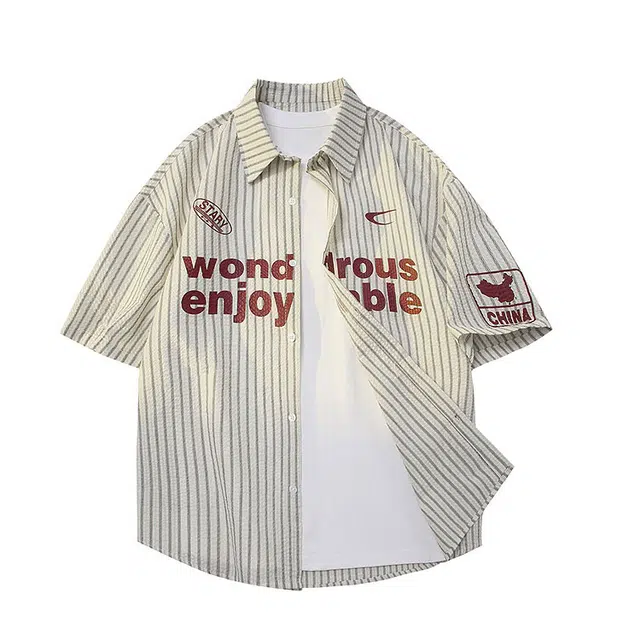 颂希尔 条纹拼色字母印花时尚宽松夏季短袖衬衫 男女同款