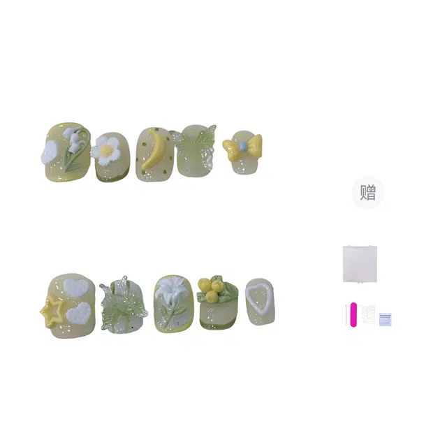 未来枫情 高级夜光立体花朵清新法式  穿戴甲 短款绿色晕染