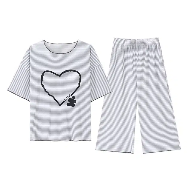 睦隆世家 冰丝带胸垫短袖七分裤套头薄款舒适可外穿家居服睡衣套装 女款