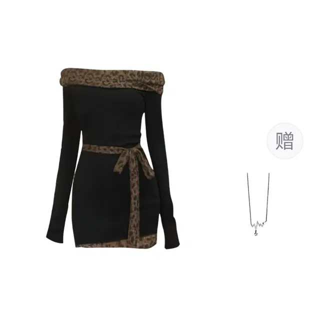 识恩 轻熟辣妹气质早春纯欲修身包臀显瘦一字肩豹纹拼接裙装长袖连衣裙 女款