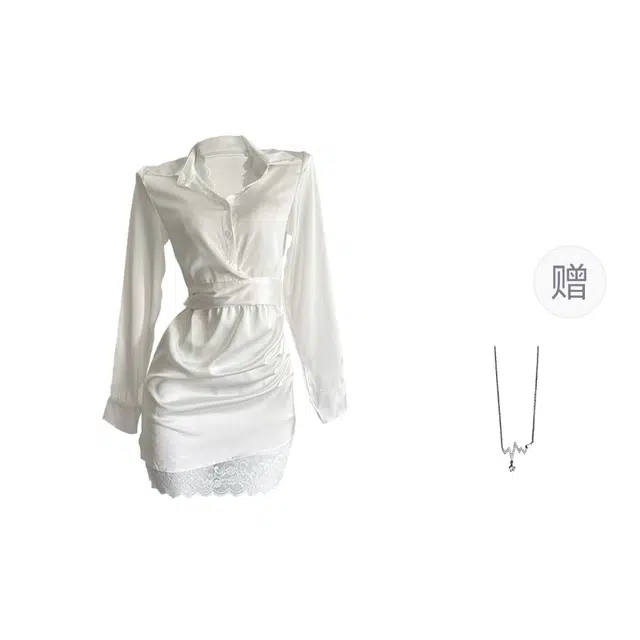 识恩 法式慵懒纯欲风修身收腰捏褶设计感蕾丝辣妹衬衫缎面展现性感气质长袖连衣裙 女款