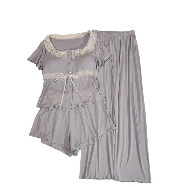 莫代尔 韩版休闲简约轻盈透气套头舒适柔软亲肤细腻带胸垫防凸点短袖家居服睡衣套装 女款