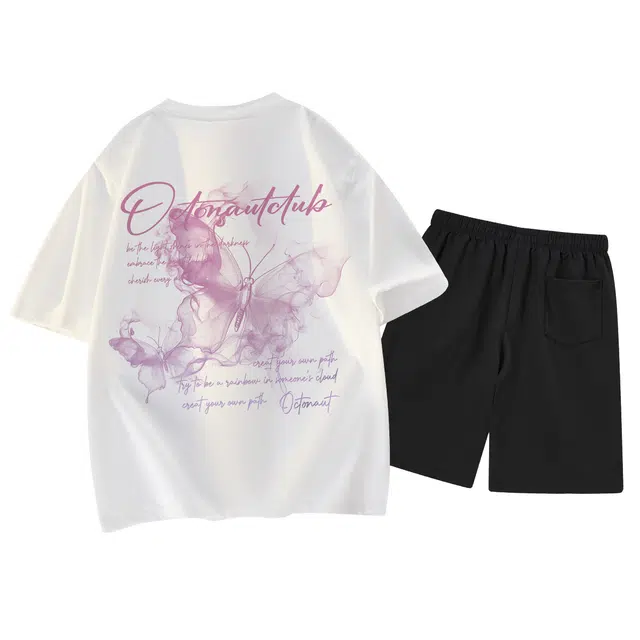 海底小纵队 背面美式高街多巴胺色系烟雾虚幻蝴蝶字母印花国潮透气短袖上衣直筒垂感抽绳系带通勤短裤休闲运动套装 男女同款