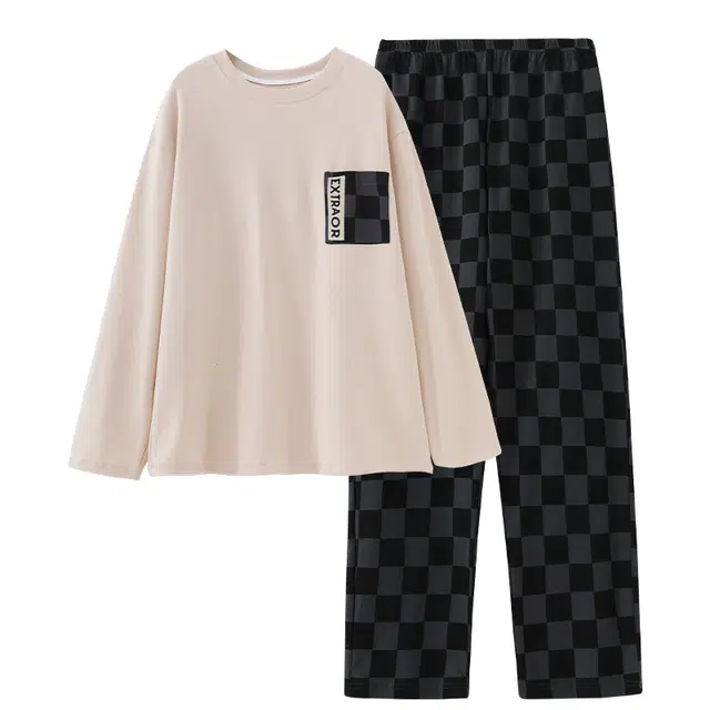 顶瓜瓜 长袖长裤休闲舒适纯色格子家居服睡衣套装 男款