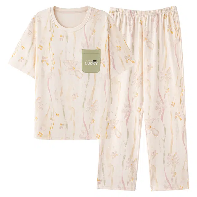 莫代尔 舒适柔软亲肤细腻百搭圆领简约个性大方轻盈透气无束缚短袖长裤家居服可外穿睡衣套装 女款