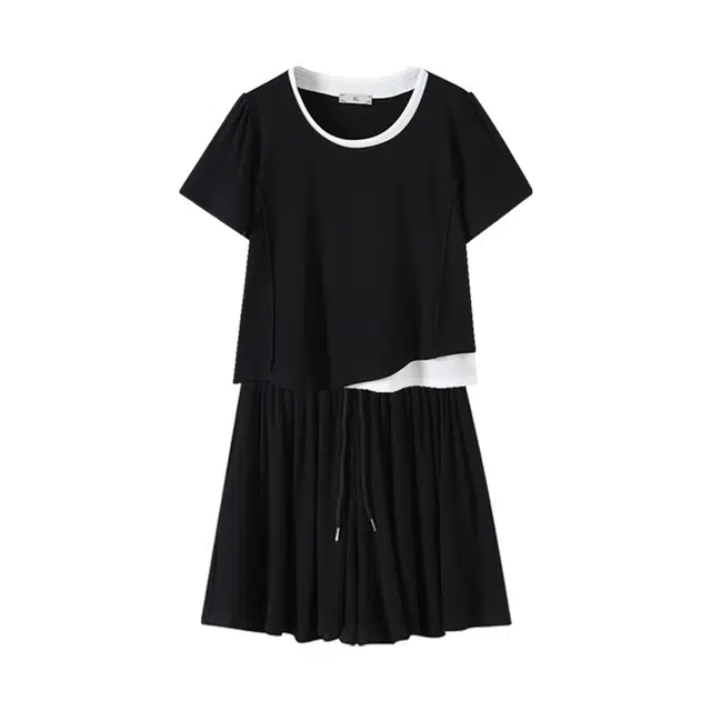 云妃秀 大码女装简约百搭假两件上衣短裤二件套胖妹妹显瘦夏季休闲套装 女款