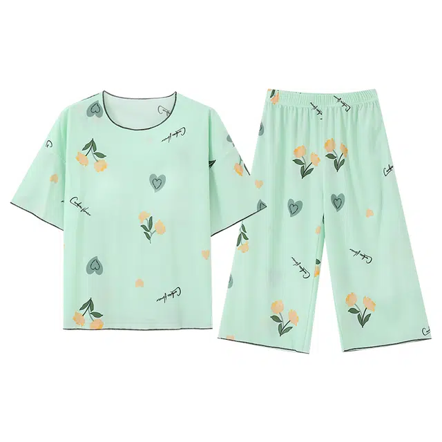 睦隆世家 夏季冰丝带胸垫短袖七分裤套头薄款舒适可外穿家居服睡衣套装 女款