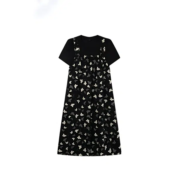 潞优野 法式减龄圆领假两件拼接印花短袖连衣裙 女款