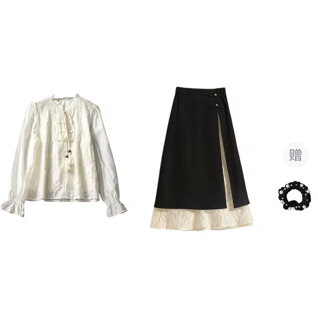 雾闪闪 国风新中式复古长袖衬衫撞色开叉半身裙裙装套装 女款