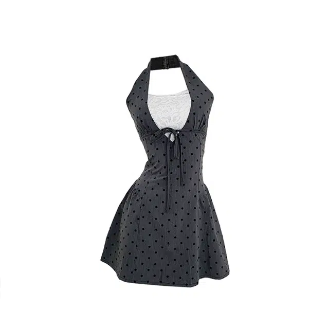 敲模女孩 纯欲风辣妹收腰修身假两件蕾丝拼接波点挂脖甜美气质无袖连衣裙 女款