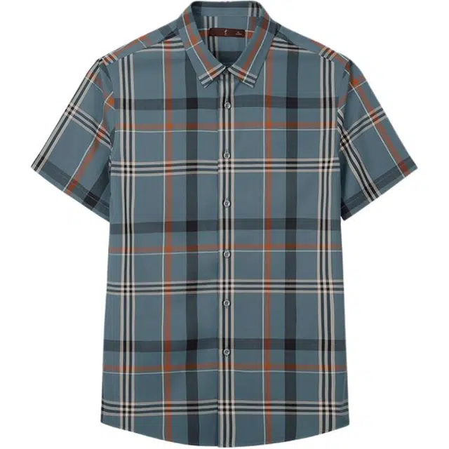 才子 舒适格纹提花蚕丝时尚百搭简约夏季短袖衬衫 男款