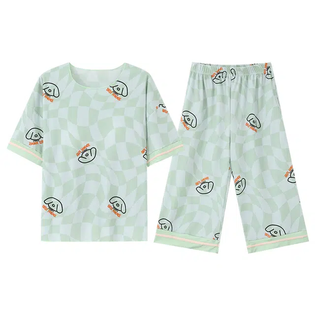 睦隆世家 冰丝带胸垫短袖七分裤套头大码薄款可外穿家居服睡衣套装 女款