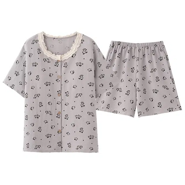 细舍 开衫短袖两件套甜美休闲家居服三分裤夏季睡衣套装 女款