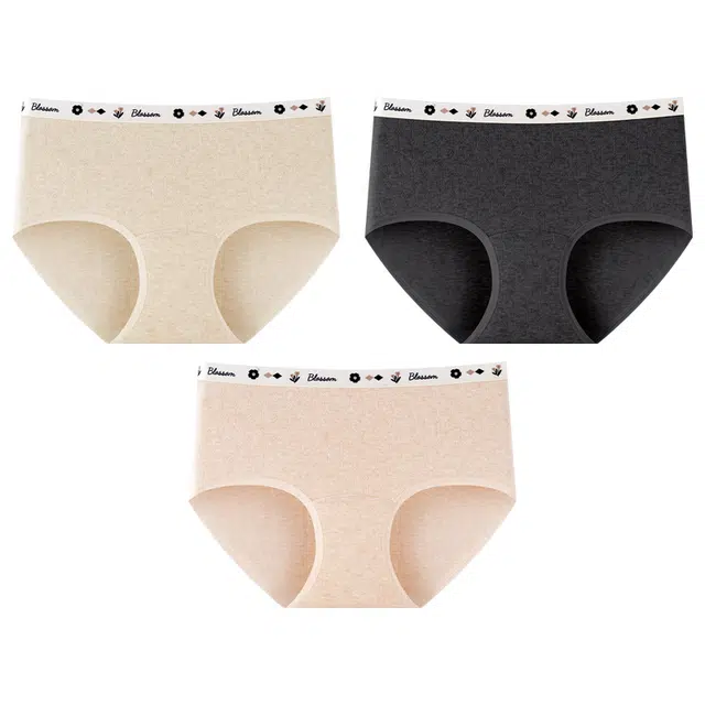 二三二三 印花设计透气抑菌不卷边舒适不勒吸湿透气中腰高弹三角裤高腰收腹防夹臀不卡档撞色小花清新优雅知性内裤 女款 组合装